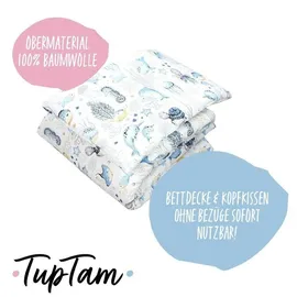 TupTam Kinder Gemusterte Bettdecken Set Ganzjahresdecke Bettdecke Kopfkissen Flachkissen 2tlg., Farbe: Meerestiere Blau, Größe: 135x100 cm