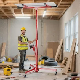 Wiltec XXL Plattenheber bis max. 68 kg Höhe 140-350 cm max. Breite 2,90 m Trockenbau Montagehilfe 1-Mann-Bedienung 3 Räder mit Feststellbremse Rot