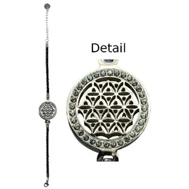 Saraswati Armband "Blume des Lebens" Leder schwarz, Edelstahl mit Zirkonia
