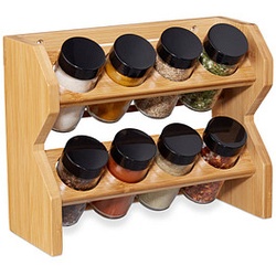 relaxdays Gewürzregal braun, 1x Gewürzregal, 8x Glas-Gewürzbehälter