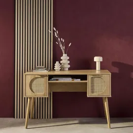 sweeek - Schreibtisch mit Holzdekor und Rohrgeflecht, 2 Türen