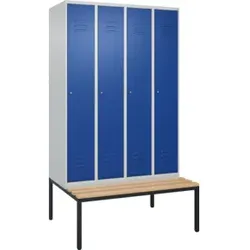 C+P Spind Classic PLUS, Bank, 4 Abteile, 2120x1200x815mm, 7035/5010 Verschluss Zylinderschloss 3 Garderobenhaken Sitzbanktyp untergebaut