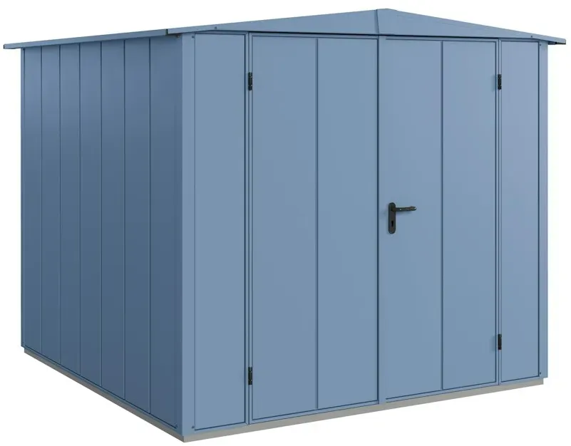 Hörmann Metall-Gerätehaus Berry mit Satteldach B 238 x T 238 cm (Typ 2), Motiv Modern (mit breiten Lamellen), Doppeltür, Taubenblau (RAL 5014)