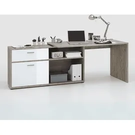 FMD Möbel, 367-001 Diego Schreibtisch, Holzwerkstoff, Sandeiche/Hochglanz-Weiß, Maße 134.0 x 141.0 cm