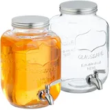 Relaxdays Getränkespender im 2er Set, Limobehälter 4L, Zapfhahn und Deckel, Wasserspender, Glas & Edelstahl, transparent