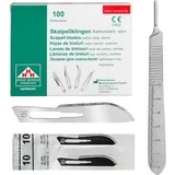 Set - 100 Stück sterile Skalpellklingen Figur 10 aus Karbonstahl - Ersatzklingen + 1 x Shehadeh - Skalpell-Halter Figur 3 mit 13 cm Griff inkl. Meßskala in cm - Edelstahl