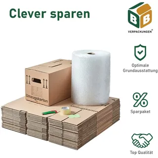 BB-Verpackungen Umzugskarton Set, 1 x Luftpolsterfolie, 25 x Umzugskarton Profi, 1 x Cuttermesser