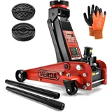Verda Wagenheber hydraulisch 3T (130-490) + 2X Gummi + Montagehandschuhe Rangierwagenheber, Profi, Tief, Doppelpumpsystem Doppelkolben, Heber, Ständer, Flache, Werkstatt, Wohnmobil, Geländewagen PKW