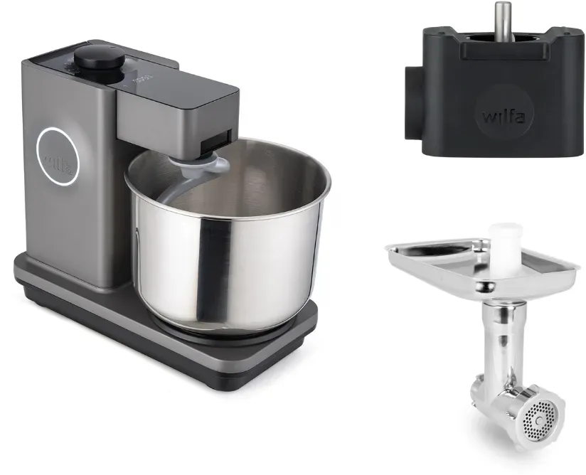 Wilfa Küchenmaschine Probaker Timer KM2GY-T70 grau+ Tool Adapter + Messerschmidt Edelstahlfleischwolf