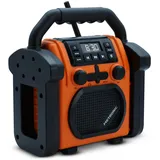 METRONIC 477227 Baustellenradio FM Bluetooth mit wiederaufladbarem Backup-Akku – robust, stoßfest, staubdicht, spritzwassergeschützt – Orange