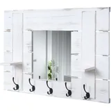 Mendler Wandgarderobe HWC-C89 mit Spiegel, Garderobenpaneel Garderobe, Shabby-Look Vintage, 5 Haken 90x60cm ~ wei√ü, shabby