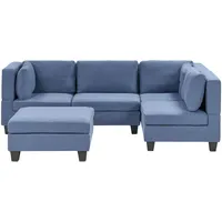 4-Sitzer Modul Ecksofa mit Ottomane Stoff blau links dicke Kissen Unstad