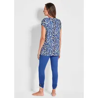 Hausanzug GOLDNER "Moderner Strandanzug mit Druck", Damen, Gr. 42, blau (royalblau, gemustert), Obermaterial: 95% Viskose CV. 5% Elasthan EL., figurumspielend, Homewear-Sets Hausanzug, Raffung am Bein