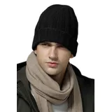 Prettystern Gestrickte Kaschmir Herren Damen Mütze 100% Cashmere Rand Gefaltet Streifenmuster Km14 Schwarz - Einheitsgröße