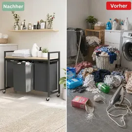 DanDiBo Ambiente DanDiBo Wäschekorb mit Rollen und 1 Ablage Wäscheregal Wäschesammler 3 Fächer 96697 Wäschebox Regal Wäschetonne Wäschesortierer Wäschetrenner