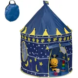 Relaxdays Spielzelt Mond & Sterne, für Kinder, Indoor, HD 135x100 cm, Kinderzelt, Eingang mit Klettverschluss, blau/gelb