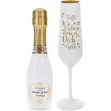 Herz & Heim® Geschenkset mit graviertem weiß-goldenem Sektglas und Piccolo Fläschchen/verschiedene Motive/mit Wunschname Wie schön dass es Dich gibt