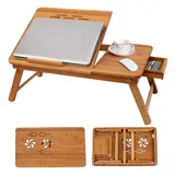 LUCKZON Laptoptisch, Natur Laptoptisch Bambus XL, ideale Belüftung, höhenverstellbar, Lapdesk mit Schubfach, 55×35×4.5cm, Winkel in 5 Stufe von 0°~50° beige