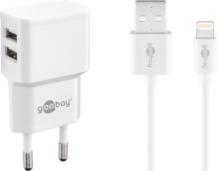 Wentronic goobay Dual Apple Lightning charger set - Netzteil - 12 Watt - 2.4 A - 2 Ausgabeanschlussstellen (USB) - auf Kabel: Lightning - weiß - für Apple iPad/iPhone/iPod (Lightning) (44979)