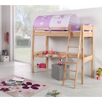 Natur24 Kinderbett Hochbett Renate Buche Massiv Natur lackiert mit Schreibtisch und Textilset braun