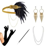 Asudaro 1920s Flapper Set Frau Gatsby Kostümzubehör Feder Stirnband Halskette Kopfschmuck Handschuhe Ohrringe Zigarettenhalter 20er Jahre Halloween Motto Party Retro Kostüm AccessoiresSet-3 Gold