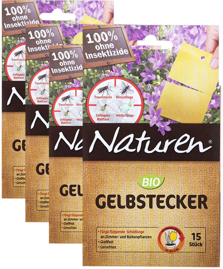 Gelbstecker für Zimmerpflanzen Fliegenfalle Gelbsticker Gelbtafeln Trauermücken Bio Leimfalle gießfest, mit Metallstecker, Gelbstecker teilbar, 4x 15 Stück