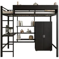 SOFTWEARY Hochbett mit Schreibtisch und Kleiderschrank (90x200 cm) Metallbett mit Rausfallschutz, Jugendbett schwarz