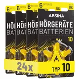 ABSINA Hörgerätebatterien 10 24 Stück mit gut greifbarer Schutzfolie - Hörgeräte Batterien 10 Zink Luft mit 1,45V - Typ 10 Batterien Hörgeräte Gelb - PR70 ZL4 P10 Hörgerätebatterien