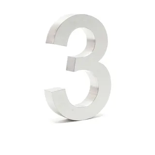 Wiltec Hausnummer 3 silberfarbene Edelstahl Hausnummer in modernem 3d-design, Höhe 20 cm, Schrift Arial, rostfrei und witterungsbeständig, mit Montagematerial