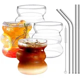 YMIFEEY Eiskaffee Gläser Gerippte Trinkgläser mit Edelstahl Strohhalmen 4er Set, 430ml Glas Latte Macchiato Gläser, Aesthetic Bubble Gläser, Kaffeegläser Longdrinkgläser (430ml, Gerippte Gläser)