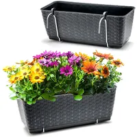 BigDean 2er Set Blumenkästen für Balkon-Geländer - Rattan-Optik - Anthrazit - Balkonkästen mit Metall-Halterung - 39 x 15,5 x 14 cm - inkl. Bewässerungssystem