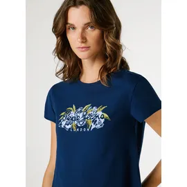 Pepe Jeans T-Shirt "MAHINA", Damen, Gr. XS, deep sea blau, Single Jersey, Obermaterial: 100% Baumwolle, bedruckt, regular fit hüftlang, Rundhals, Shirts T-Shirt, mit floralem Print