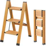 KULACO Trittleiter 3 Stufen klappbar, Aluminium Klappleiter, Holzmaserung