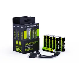 Verico LoopEnergy AA - Wiederaufladbare USB-C Batterie AA 1,5V 2550mWh 1700mAh Li-Ion, USB-C , 12er Pack AA, 3 Stück Kabel USB-A auf 4 x US
