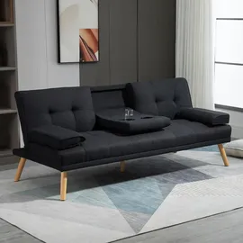 Homcom Schlafsofa, 3-Sitzer Sofa, Schlafcouch mit Klappbarem Tisch, Becherhalter, Bettsofa mit Leinenoptik, Couch Gästebet für Wohnzimmer, Grau