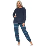 Normann Pyjama Normann Damen Frottee Schlafanzug langarm mit Bündchen Hose gestreift blau 40-42