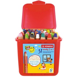 Stabilo Buntstift, Wasserfarbe & Wachsmalkreide - STABILO woody 3 in 1 - 38er Pack mit Spitzer - mit 38 verschiedenen Farben