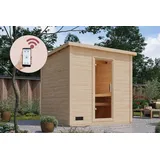 Karibu Saunahaus Außensauna Gartensauna Hytti 3 + 9kw Ofen und HUUM WIFI Steuergerät Sparset 231 x 196 cm Farbe: Naturbelassen