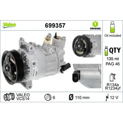 VALEO 699357 Kompressor, Klimaanlage VALEO ORIGINS NEW OE TECHNOLOGIE