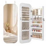 LED Ovaler Schmuckschrank Hängend, Türspiegel/Wandspiegel Schmuckschränk, Schmuckschrank mit Spiegel und Beleuchtung, Schmuckspielgelschrank Holz Abschließbarer, Gewölbter Spiegelschrank, Weiß