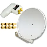 Premium X DELUXE85 Aluminium Hellgrau 85cm Antenne Digital SAT Schüssel Spiegel HDTV HD 3D 4K + PremiumX LNB Quad 0,1dB Weiß Quattro Switch + 8X F-Stecker
