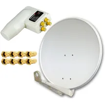 Premium X DELUXE85 Aluminium Hellgrau 85cm Antenne Digital SAT Schüssel Spiegel HDTV HD 3D 4K + PremiumX LNB Quad 0,1dB Weiß Quattro Switch + 8X F-Stecker