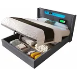 BlingBin Boxspringbett Stauraumbett Polsterbett (1-St., Funktionsbett mit Bettkasten und Lattenrost 160x200cm), Doppelbett inkl. Farbwechselnde LED-Beleuchtungsleiste grau 168 cm x 212 cm x 32 cm