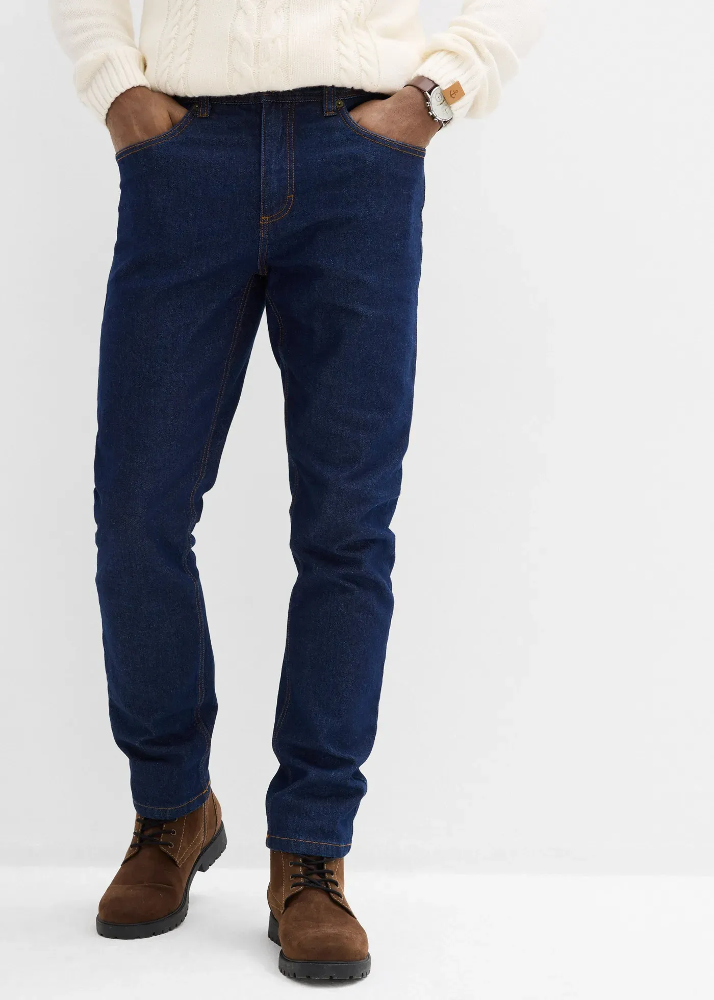 Gerade Jeans BONPRIX, Herren, Gr. 56, N-Gr, dunkelblau denim (länge: regulär), Denim/Jeans, Obermaterial: 99% Baumwolle, 1% Elasthan, Abriebeffekte, unifarben, klassisch lang, Jeans, 5-Pocket Form, straight leg