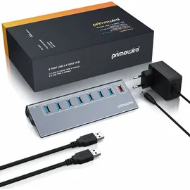 Primewire 8 Port USB 3.2 Gen.1 Port Hub - 8 x USB 3.2 Gen1, Davon 1x USB Ladeport smart Charge – 8 Port Verteiler mit Netzteil - Alugehäuse - für PC