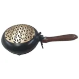 Saraswati Räuchergefäß "Blume des Lebens" aus Stahl mit goldener Blume des Lebens schwarz mit Holzgriff