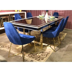 Casa Padrino Luxus Esszimmer Set Blau / Weiß / Gold - 1 Esszimmertisch & 6 Esszimmerstühle - Luxus Esszimmer Möbel