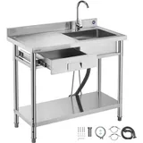 Vevor Spültisch Spülbecken Edelstahl (100 x 50 x 94 cm), Einzelbecken mit Wasserhahn & Schublade, Küchenspüle für Garage Restaurant Wäscherei, Waschtisch Außenspüle mit Arbeitsplatte (links)