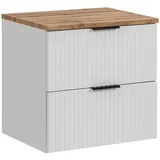 Lomadox Badezimmermöbel Waschtisch-Unterschrank 60 cm matt weiß mit gerilllter Front, Wotaneiche, Waschbecken Badschrank mit 2 Softclose-Auszügen, B/H/T ca. 60,6/59,2/46,5 cm