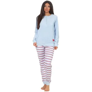 Normann Germany Damen Frottee Pyjama mit Knopfleiste Herz, Ringel Hose, Hellblau, 62483, Gr. S 36/38 - S